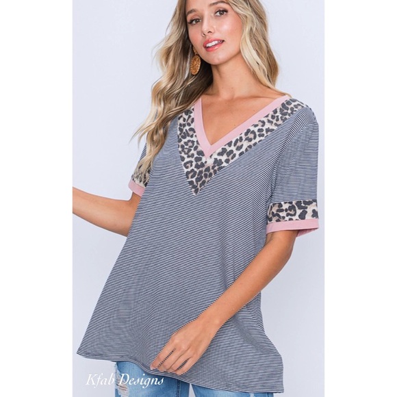 LAST 1! V Neck Animal Print and Stripes Contrast Print Top! - Picture 6 of 10